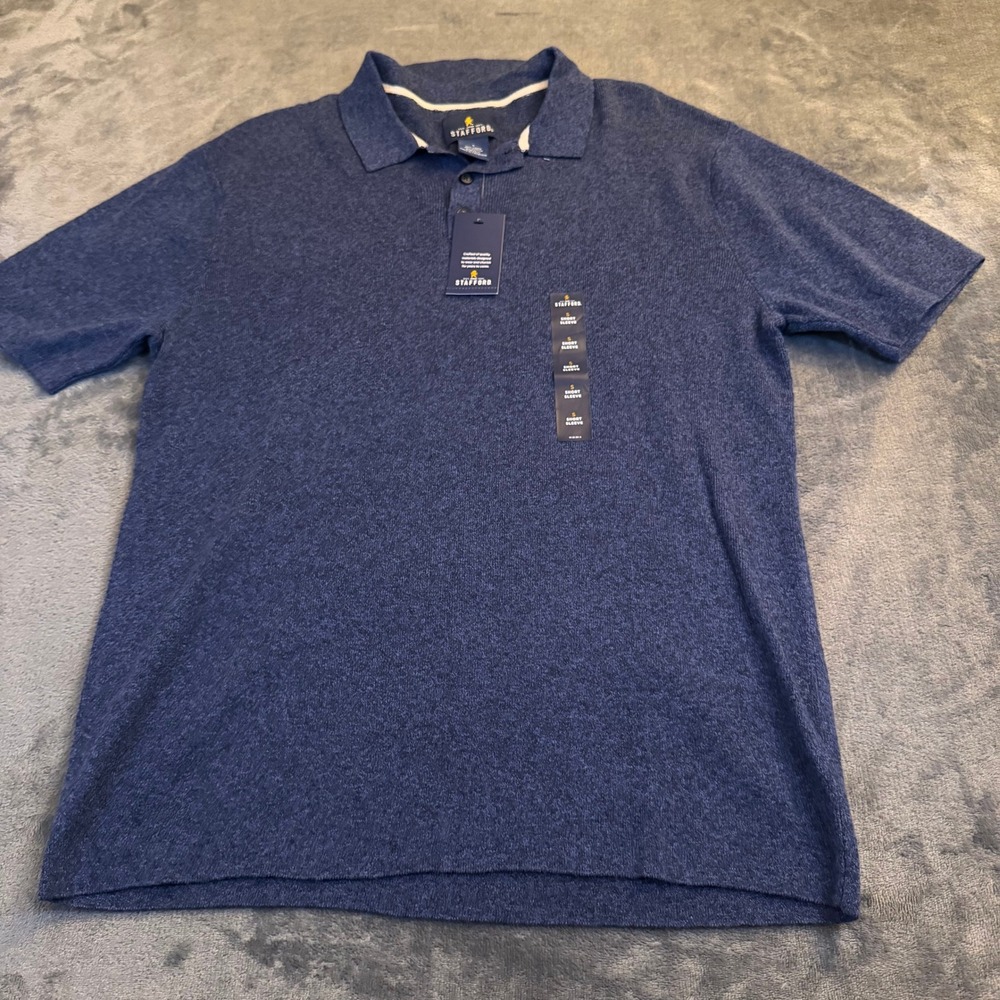 Stafford Navy Heather Linen Cotton Blend Short Sleeve Polo Shirt Mens Small NWT